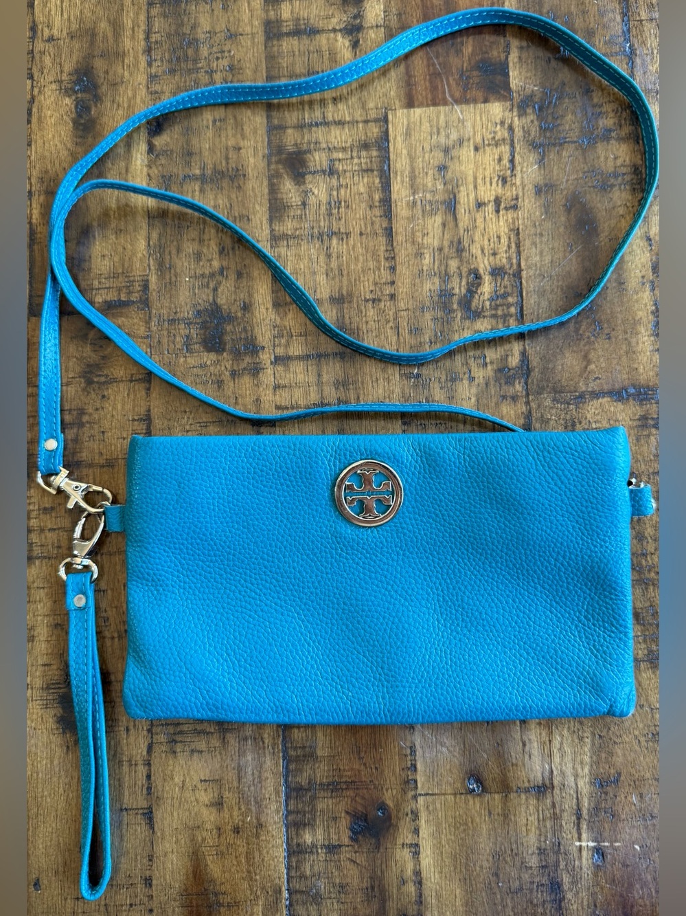 Tory Burch Teal Blue Leather Crossbody Wristlet